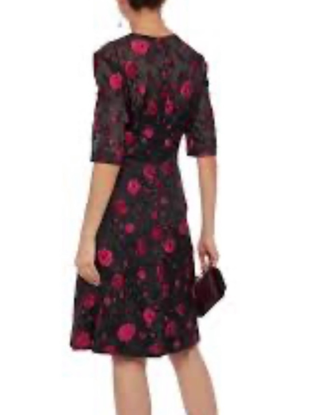Lela Rose Jacquard Fit and Flair Black Dress with Red Floral Embroidery